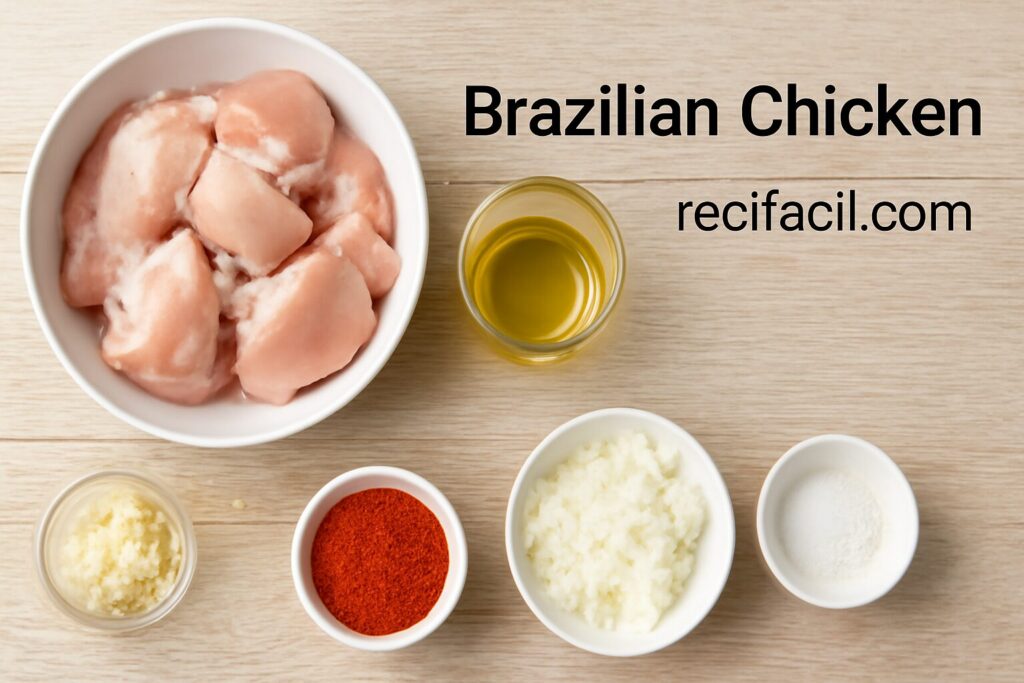Ingredients for Brazilian Chicken Stroganoff including chicken, cream, and spices

