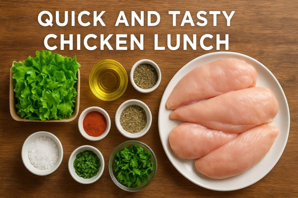 Ingredients for quick and tasty chicken lunch including chicken, vegetables, and spices
