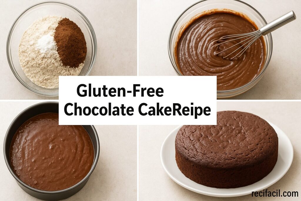 Preparing gluten-free chocolate cake: mixing ingredients, baking, and serving