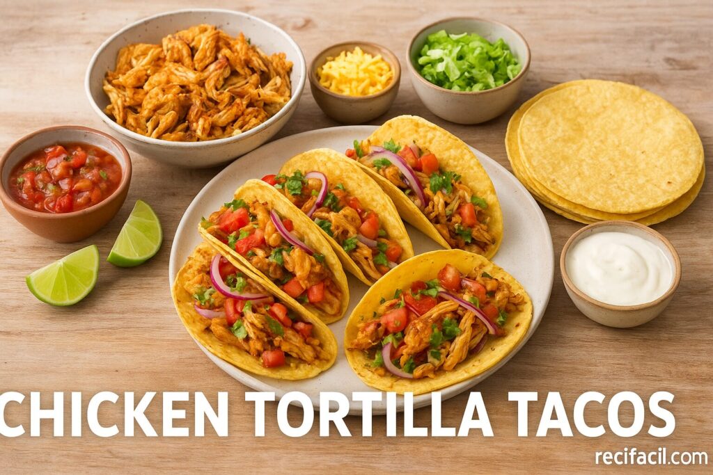 Ingredients for chicken tortilla tacos including tortillas, cooked chicken, lettuce, and cheese

