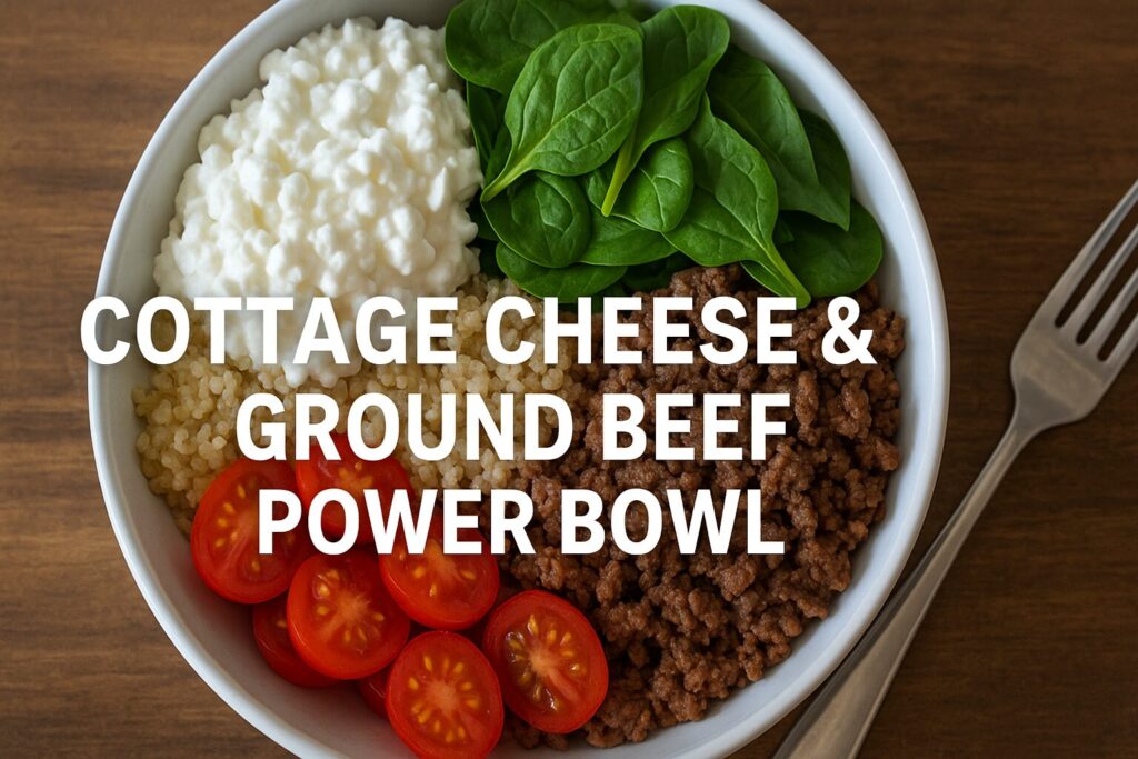 Finished Cottage Cheese & Ground Beef Power Bowl with cottage cheese, seasoned ground beef, fresh vegetables, avocado, and herbs