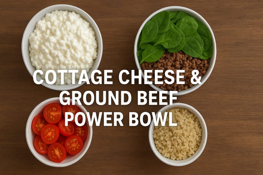 Step-by-step preparation of Cottage Cheese & Ground Beef Power Bowl with layering cottage cheese, sautéing ground beef, adding fresh vegetables, topping with avocado and herbs