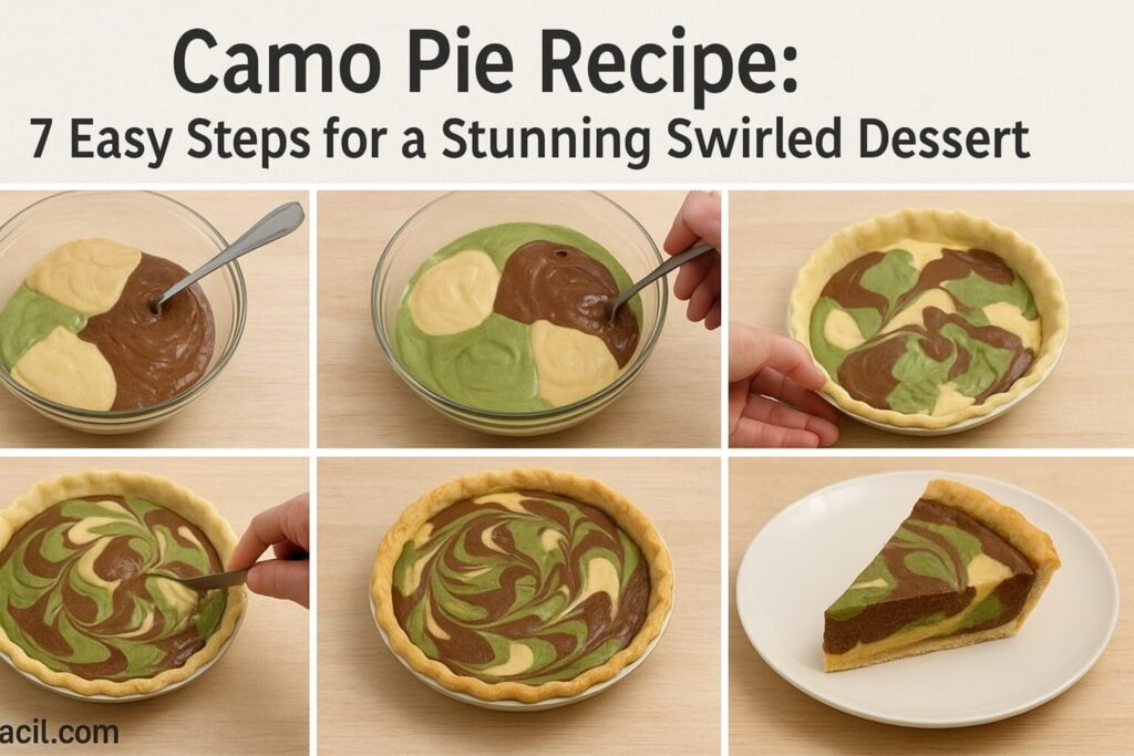 Step-by-step Camo Pie preparation with layered chocolate and vanilla filling, creamy texture, and swirled design