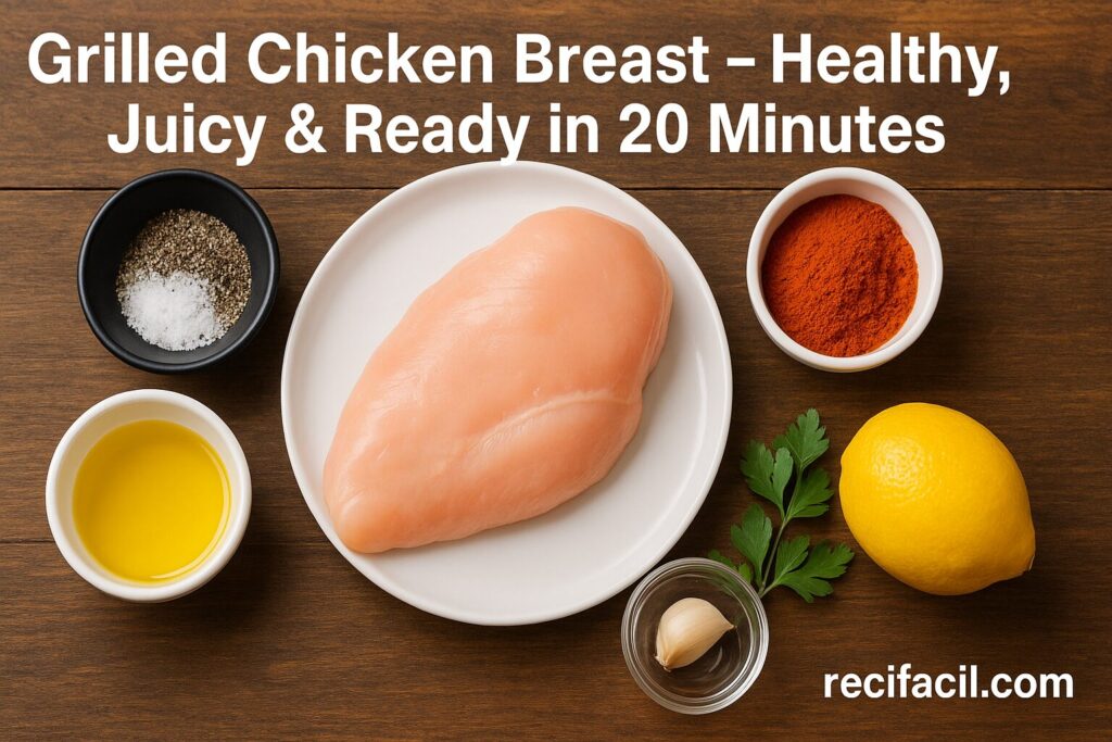 Fresh ingredients for a healthy grilled chicken breast recipe including raw chicken breasts, olive oil, lemon, garlic, and herbs on a kitchen counter"