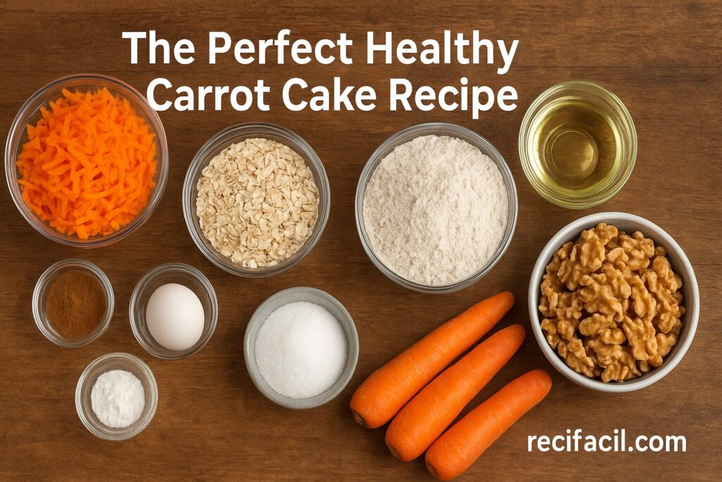 Healthy Carrot Cake with grated carrots, whole wheat flour, eggs, honey, coconut oil, cinnamon, and walnuts