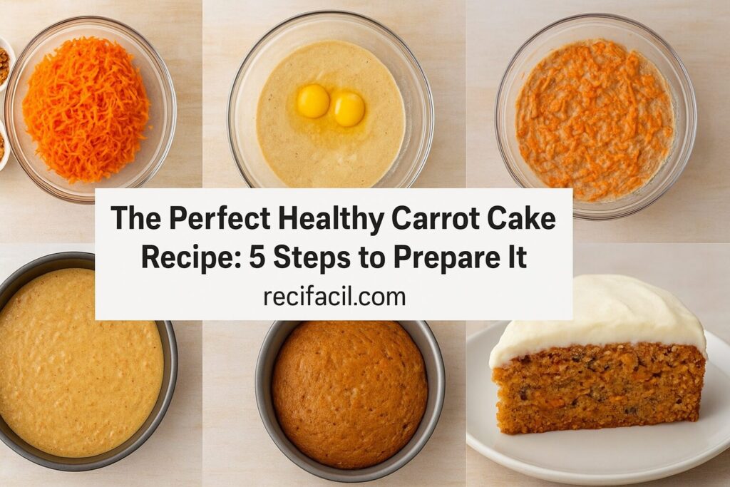 Step-by-step healthy carrot cake with mixing grated carrots, whisking eggs and honey, adding flour and spices, baking, and decorating with walnuts