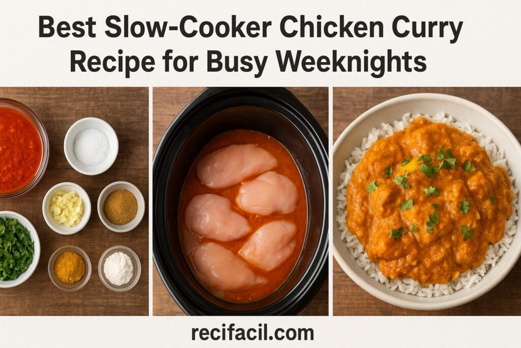 Steps for slow cooker chicken curry: sauté onion, garlic, and ginger, add chicken and curry powder, stir in coconut milk, slow-cook until tender, garnish with cilantro