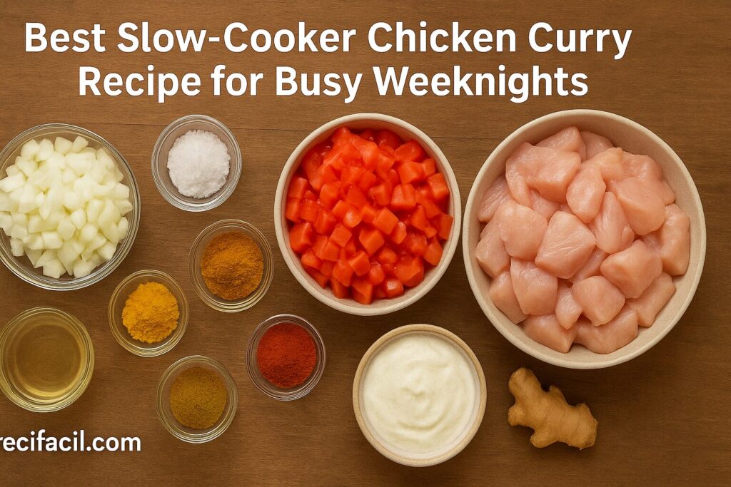 Slow cooker chicken curry with chicken thighs, coconut milk, curry powder, garlic, onion, ginger, and cilantro