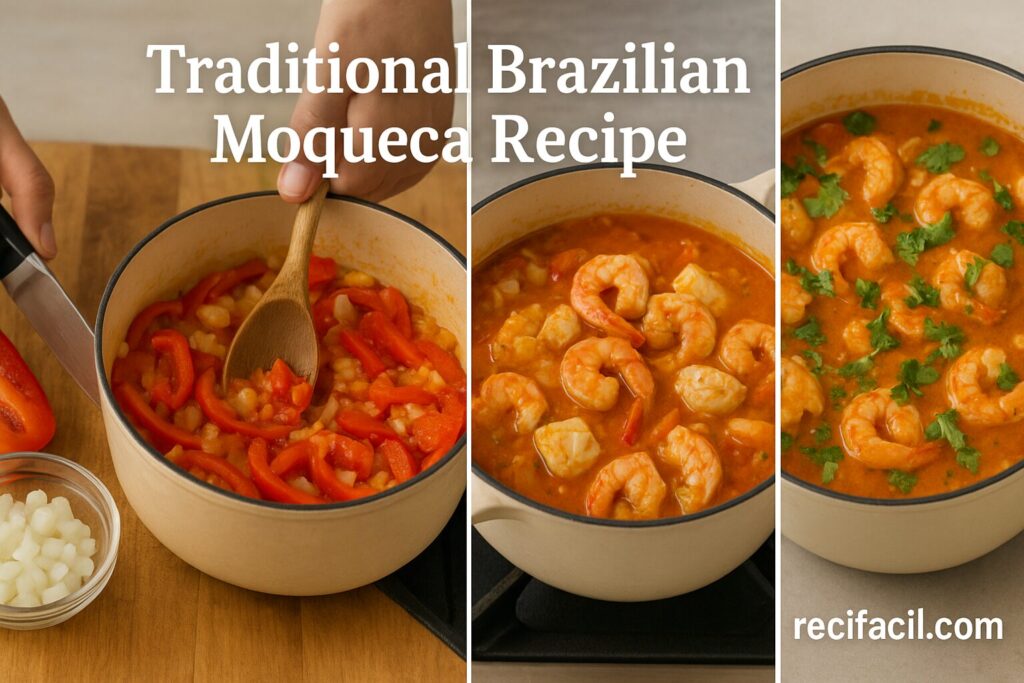 Step-by-step Moqueca recipe with sautéed onions, peppers, tomatoes, adding fish and shrimp, simmered in coconut milk, finished with cilantro