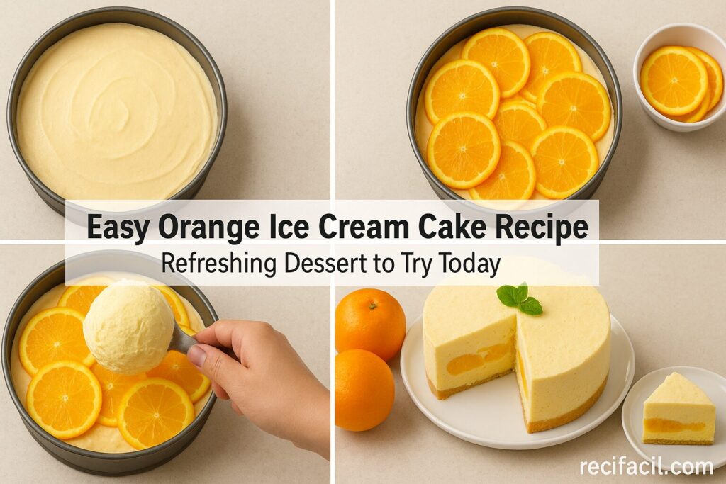 Step-by-step Orange Ice Cream Cake with layering sponge cake, spreading ice cream, adding orange slices, and topping with whipped cream