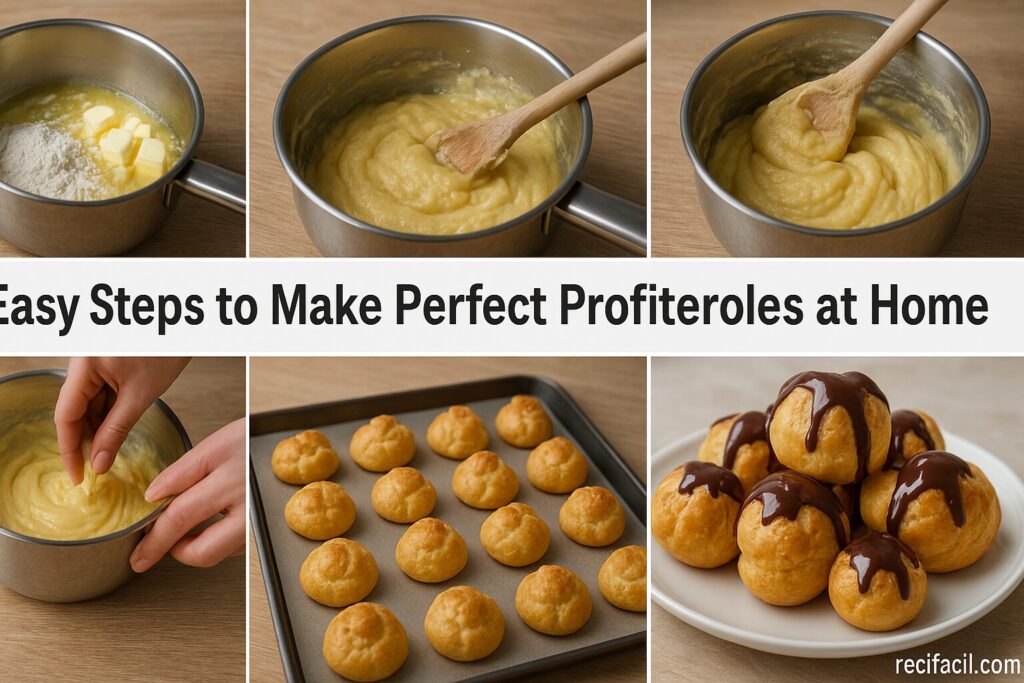 Step-by-step Profiteroles recipe: preparing choux pastry, baking, filling with cream, and topping with chocolate
