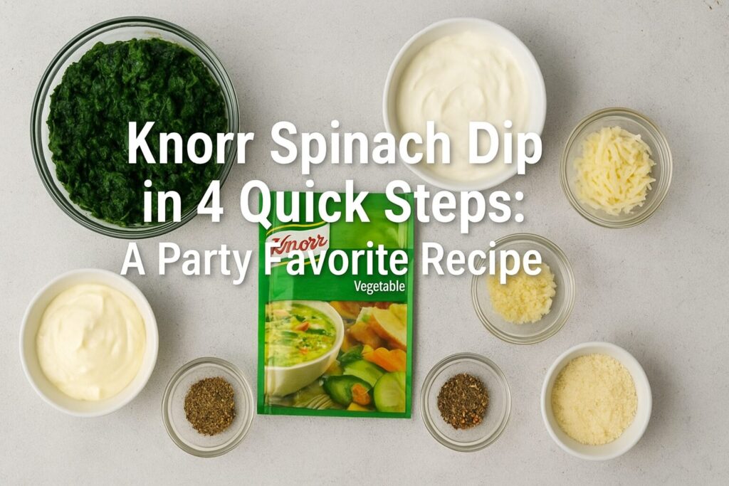 
Ingredients for Knorr Spinach Dip displayed in four bowls, ready for quick preparation, including spinach, Knorr seasoning, cream cheese, and other party essentials.إ