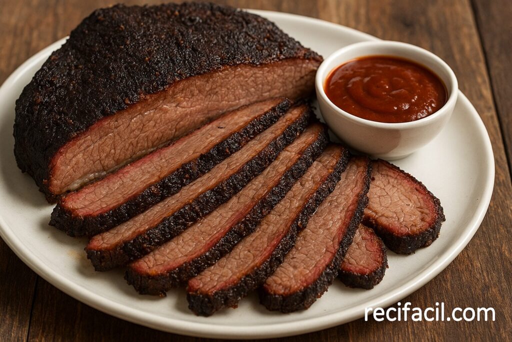 Smoked brisket served on a platter with BBQ sauce and sides