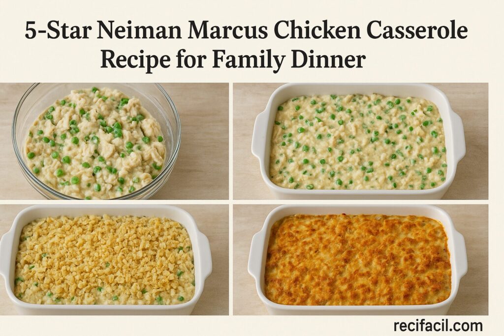 Chicken casserole layered with sauce, cheese, breadcrumbs, and baked to golden