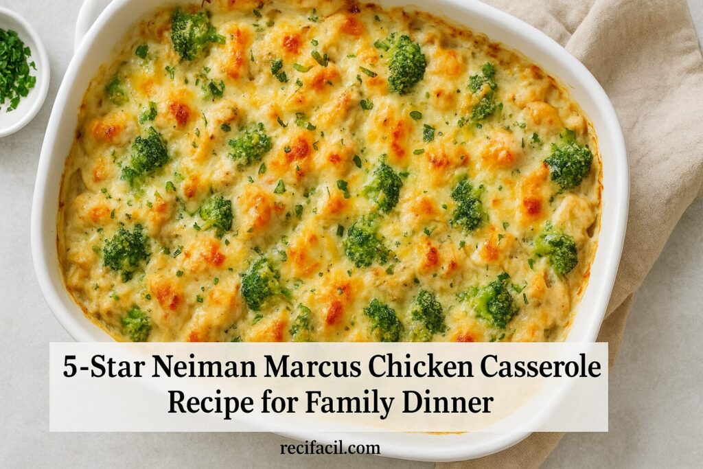 Finished Neiman Marcus Chicken Casserole with golden cheese and crispy breadcrumbs