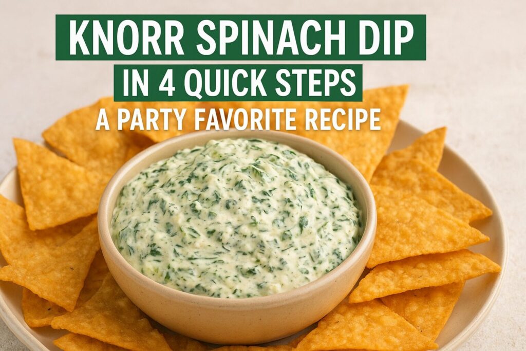 Final Knorr Spinach Dip served in a bread bowl with fresh vegetables and crackers for dipping