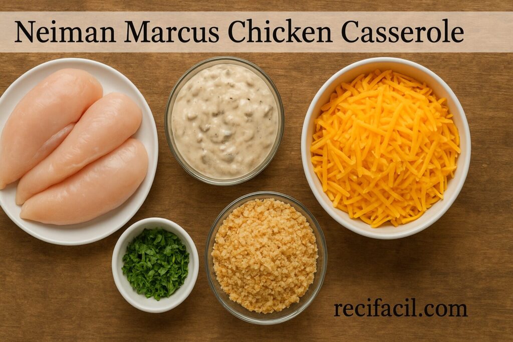 Neiman Marcus Chicken Casserole ingredients: chicken, cream of mushroom soup, cheddar cheese, buttery breadcrumbs, and fresh herbs