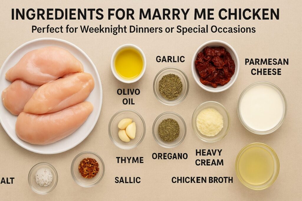 Marry Me Chicken made with tender chicken breasts in a creamy garlic sauce with sun-dried tomatoes and herbs, perfect for weeknight dinners or special occasions.